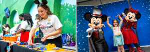 Image collage of Disney ambassador preparing Halloween goodies for patients, alongside image of patient making a fun Halloween pose with Mickey Mouse and Minnie Mouse.