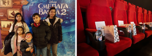 Photo collage with a group image of kids in front of a Moana 2 background, and Disney favors on red movie theater seats.