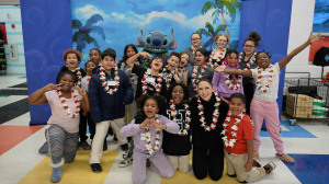 Stitch poses will school children in Cleveland, Ohio