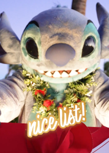 Stitch smiles at the camera opening a gift from Santa with the words 