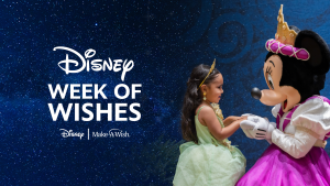 Disney Week of Wishes Logo next to photo of Make-A-Wish kid and Minnie Mouse