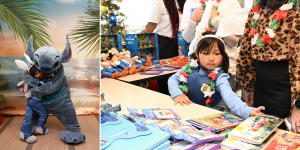 lilo hugs stitch and picks out a Zootopia 2 book at hospital event