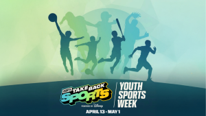 sports themed graphic with silhouettes of people playing sports
