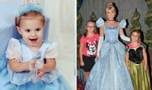 left: baby Ella smiles in Cinderella dress Right: Young Libby and Ella smile with Cinderella