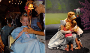left: young mikayla in Cinderella dress at Bibbity Bobbity Boutique Right: young mikayla hugging Cinderella